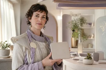 Anonymous sensory-design specialist holding a rounded acoustic tile inside a calm daylight studio with tactile wall panels and soft neutral clothing.