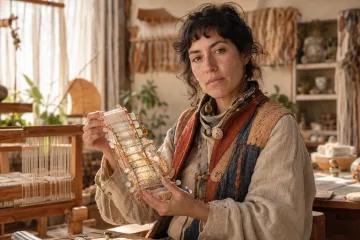 Anonymous future artisan holding a handwoven translucent object inside a warm analog craft studio.