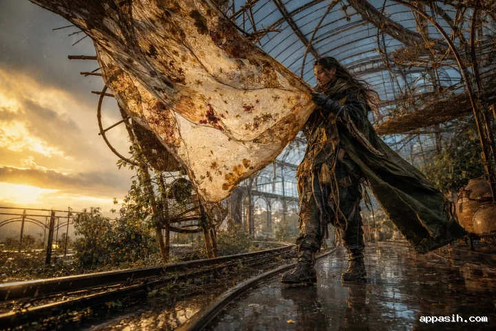 Full-body mycelium artisan lifting a vast translucent living textile inside a rain-soaked abandoned railway conservatory illuminated by dramatic golden storm light.