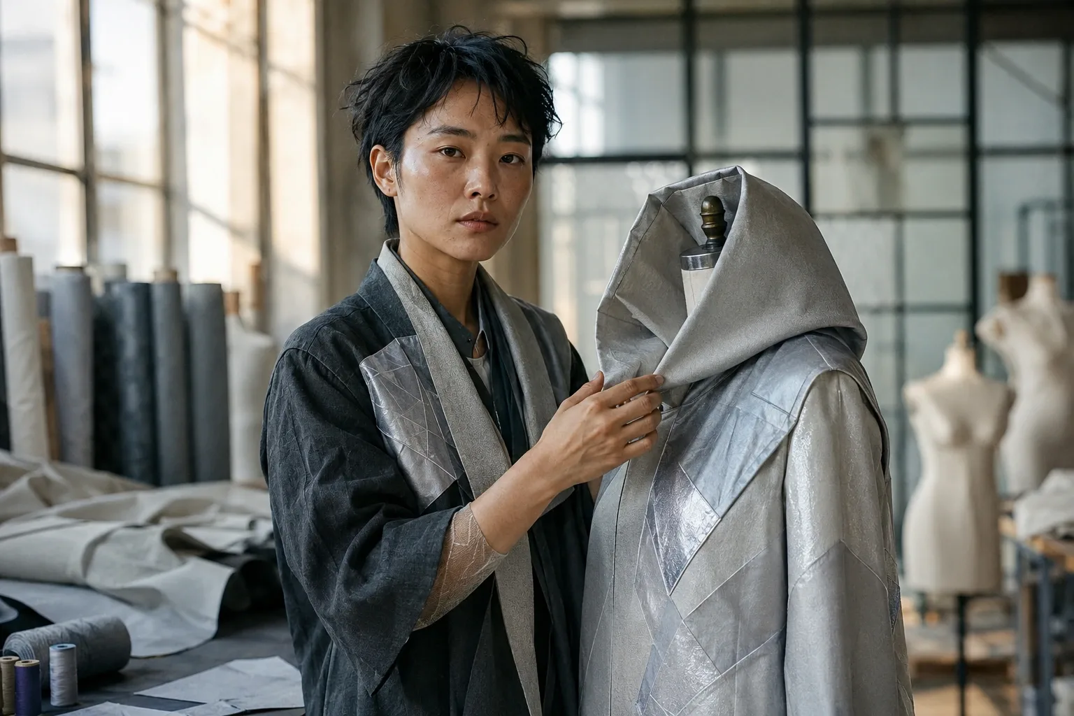 Anonymous privacy tailor adjusting a geometric protective hood on a mannequin inside a quiet daylight fashion atelier.