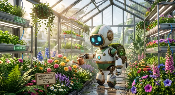 Adorable Robot Gardener in a Blooming Greenhouse