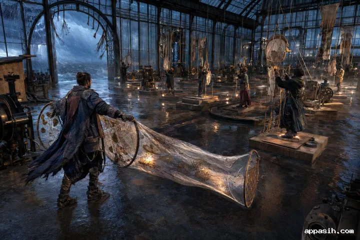 Human authenticity registrar unfolds a vast tactile verification membrane during a stormy public ceremony inside a rain-soaked former railway customs hall.