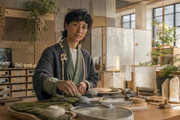 Anonymous Attention Commons Gardener arranging a tactile miniature sanctuary inside a softly lit civic studio filled with natural materials and plants.