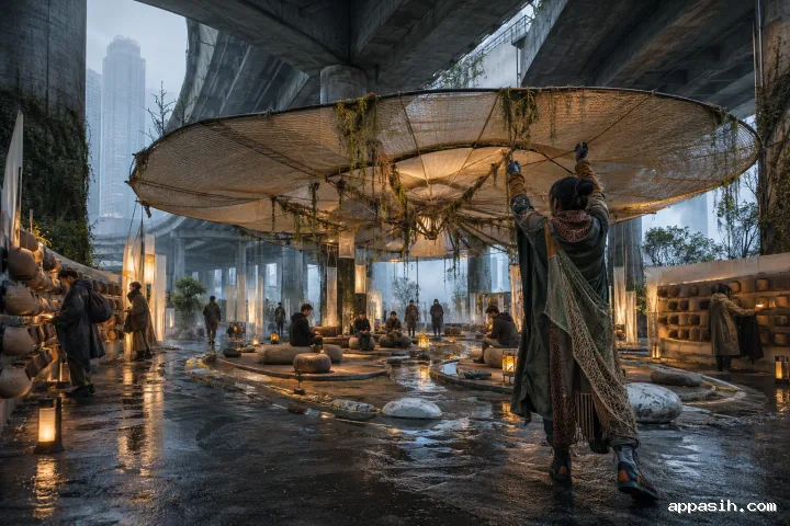 Attention Commons Gardener unfurling a woven silence canopy beneath a rain-soaked urban interchange while commuters enter a tactile public sanctuary at misty dawn.