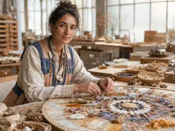 Anonymous cognitive commons restorer weaving paper, fibers, ceramic pieces, and natural specimens into a circular knowledge lattice inside a bright public workshop.