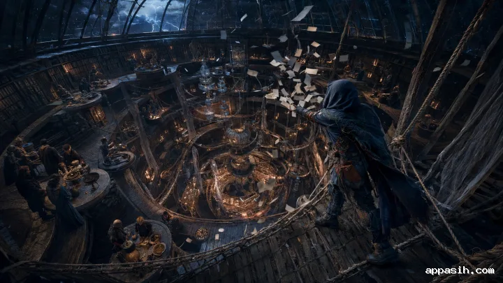 Overhead view of a cognitive commons restorer releasing blank memory leaves above a monumental circular archive as community members contribute physical knowledge objects during a nighttime windstorm.