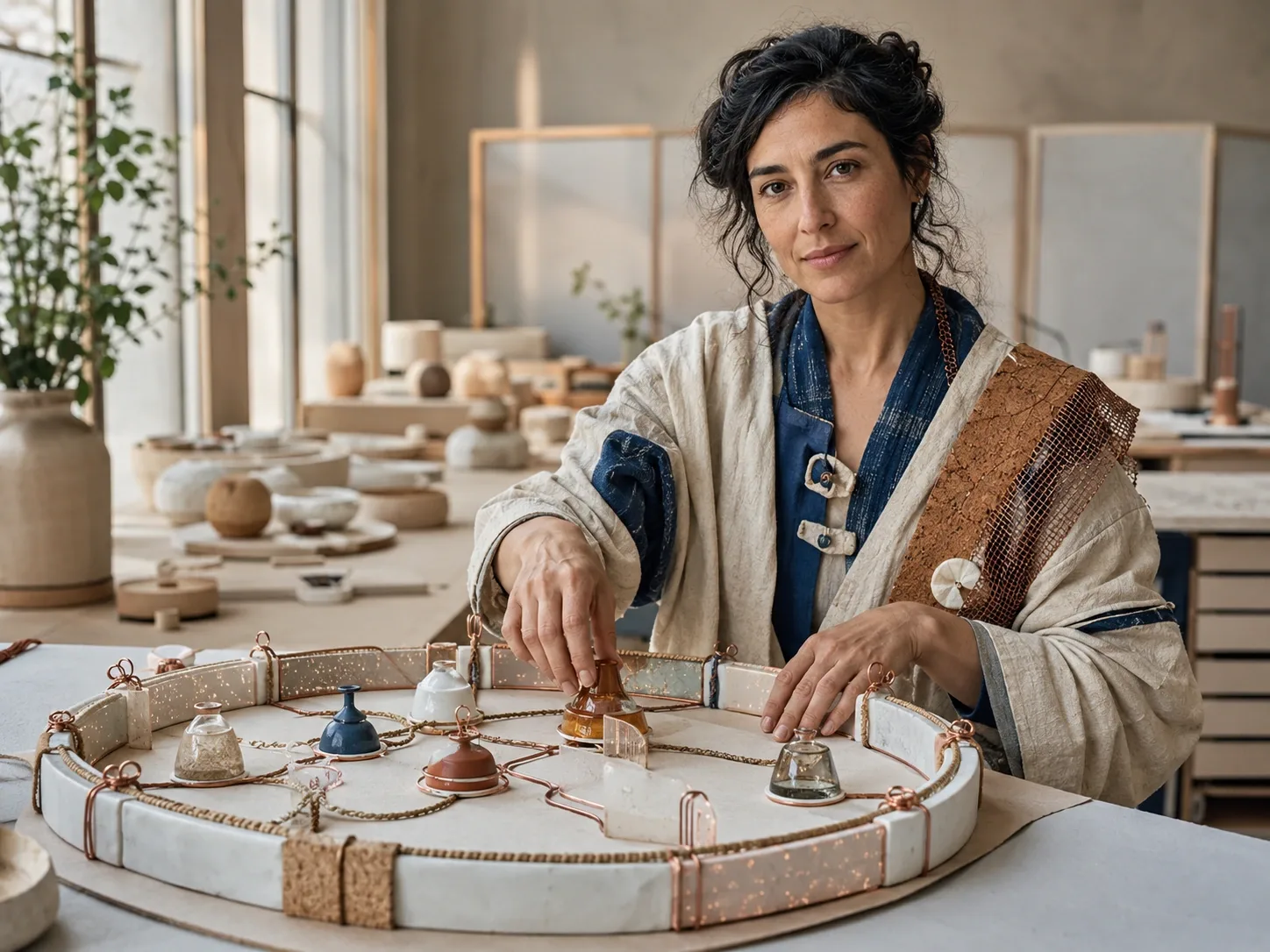Anonymous mandate keeper arranging abstract task vessels within a handcrafted authorization frame in a bright civic studio.